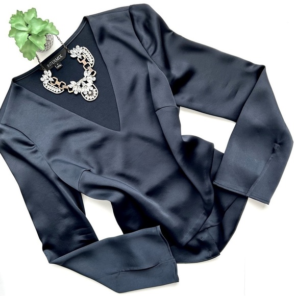 Intermix Navy Blue Satin Open Button Back Long Sleeve V-Neck Cutout Blouse XS - Picture 1 of 7